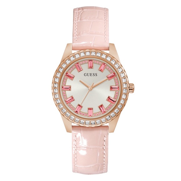 New GUESS SPARKLING PINK LIMITED EDITION 38MM PINK GENUINE LEATHER WATCH - Picture 1 of 12